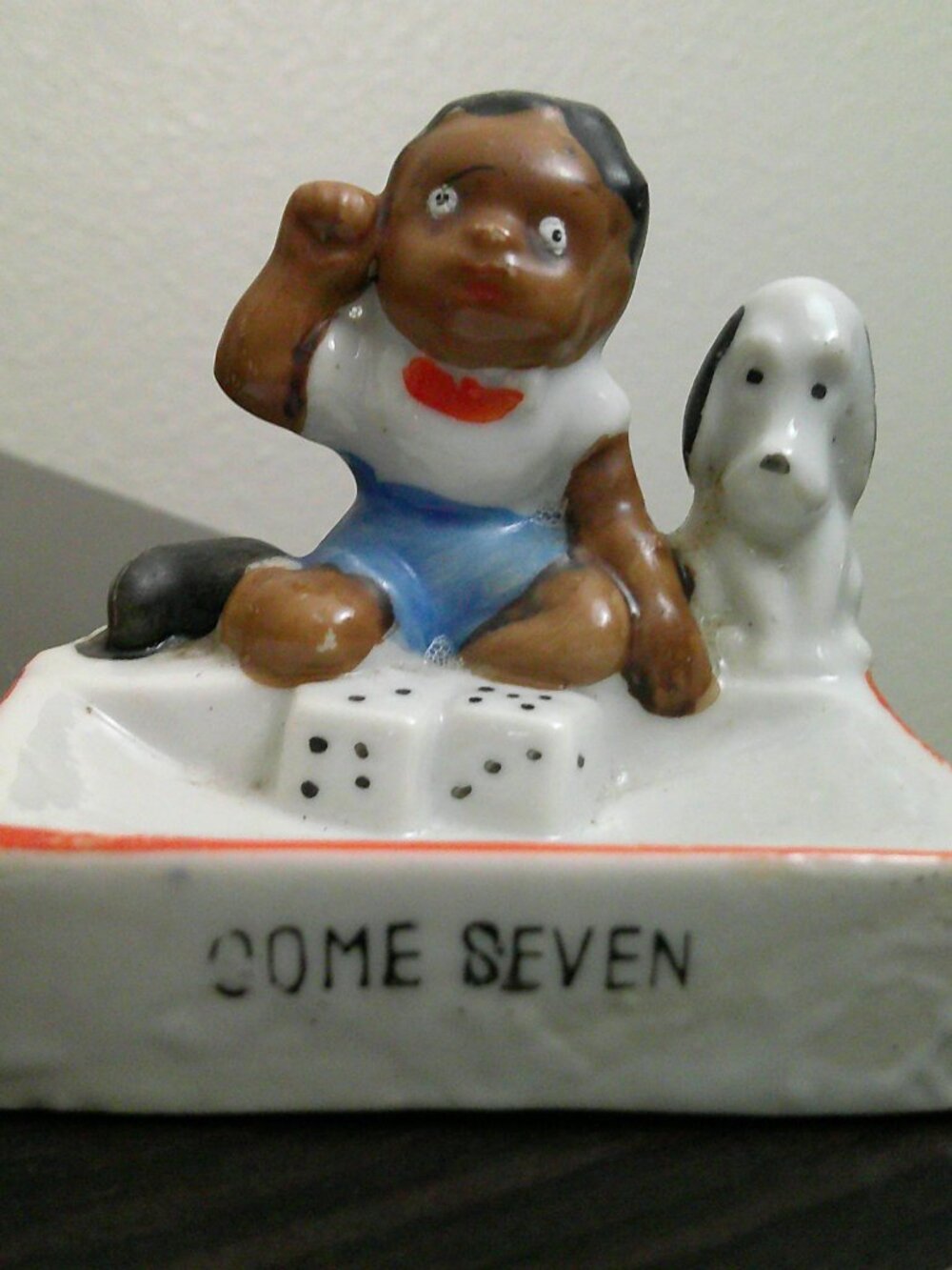 VTG Japan Black Americana Ceramic "Come Seven" trinket dish